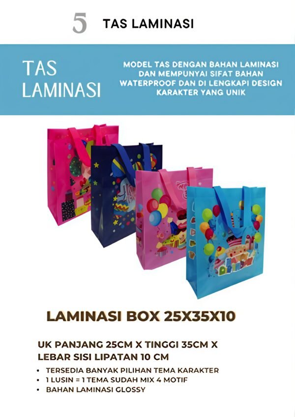 1 LUSIN (12PCS 4 MOTIF DENGAN TEMA SAMA) Laminasi 25X35X10 Barbagai Motif